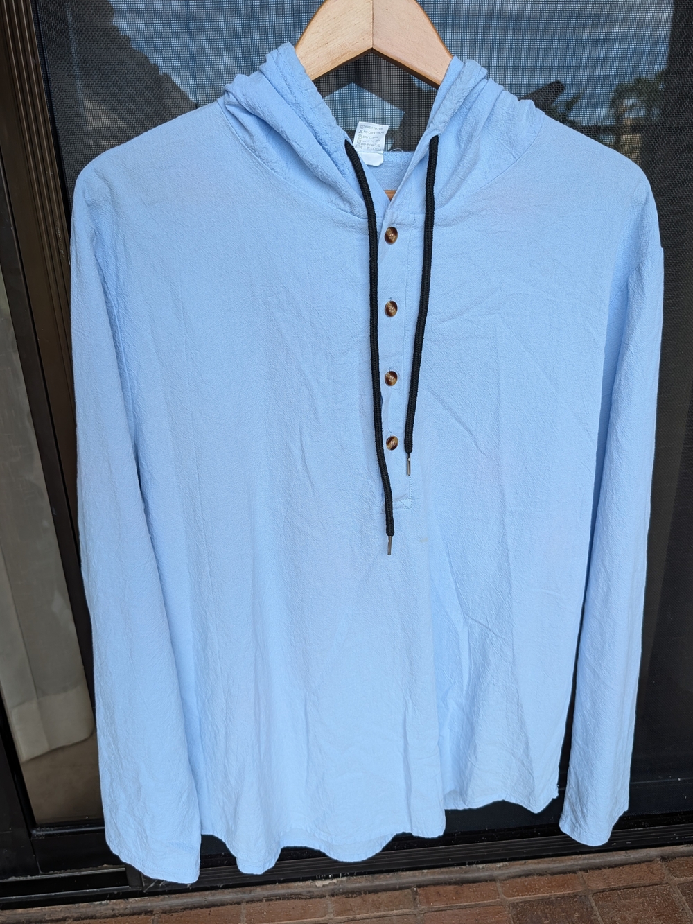 Men's Light Blue Hooded Long-Sleeve Shirt - Cotton